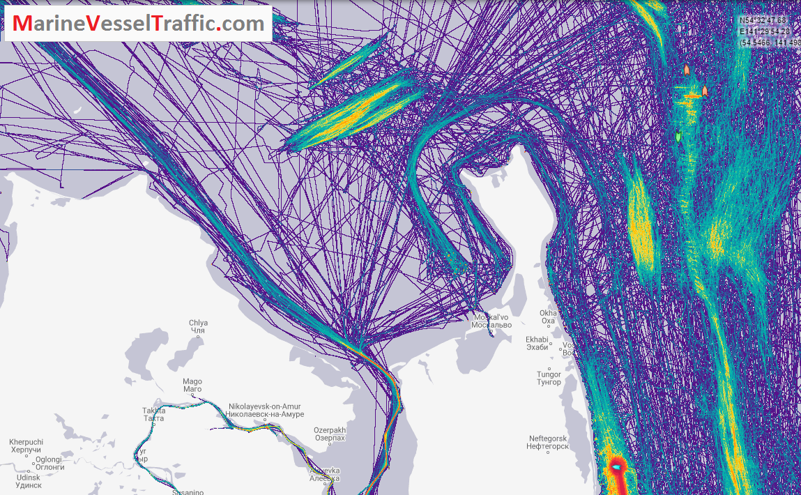 Live Marine Traffic, Density Map and Current Position of ships in GULF OF SAKHALIN